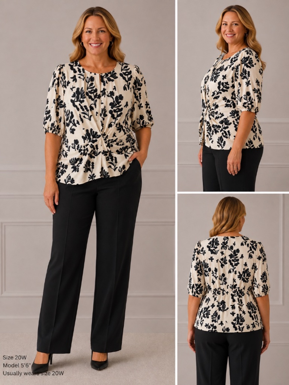 NWT Skies Are Blue Curvy 2X Black Cream Floral Puff Sleeve Blouse